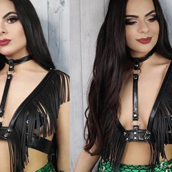 Arnés Negro de Pecho con Collar y Flecos. - Imagen 1