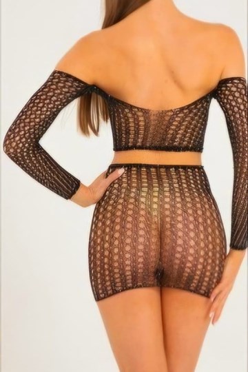 Conjunto de malla de Top y Falda con pedreria. - Imagen 1