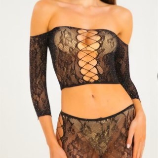 Conjunto de malla y encaje Top y Falda con pedreria. - Imagen 2