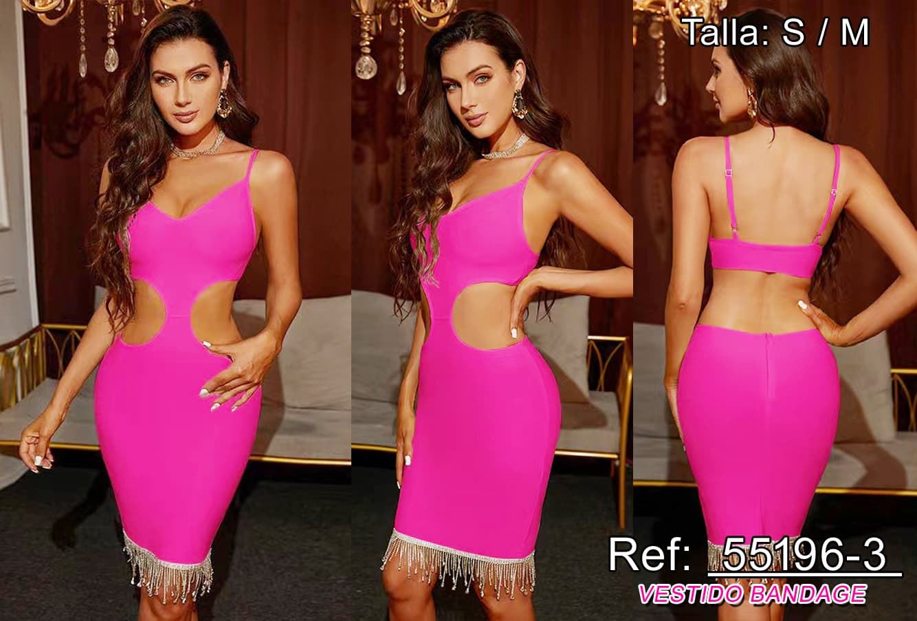 Vestido corto fucsia bandage con piedras. - Imagen 1