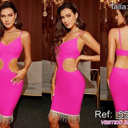 Vestido Corto Fucsia bandage con piedras. - Imagen 1