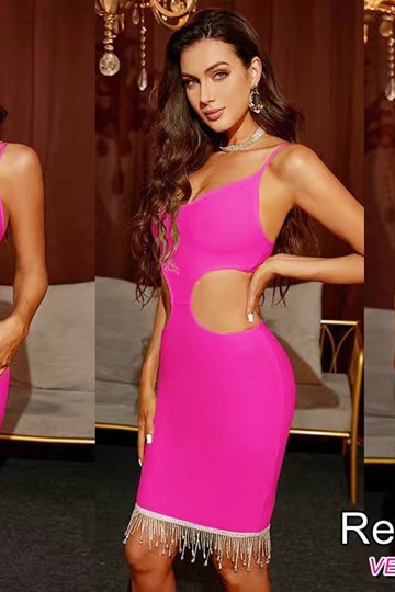 Vestido Corto Fucsia bandage con piedras. - Imagen 1